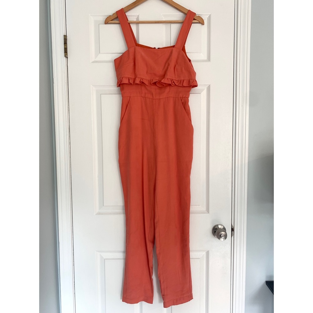 BCBG coral ruffle jumpsuit